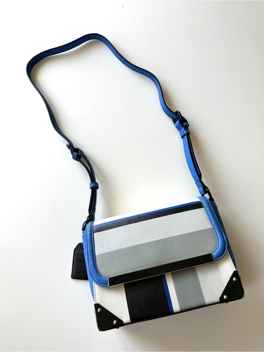 Aldo Rise Crossbody Bag Blue Black Gray Striped Bag Metal Corners Vegan Leather